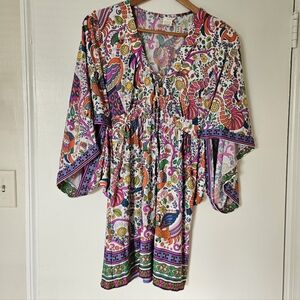 Trina Turk Womens Swim Cover Up M Dress Jungle Resort Boho Mini Kimono Lace Up